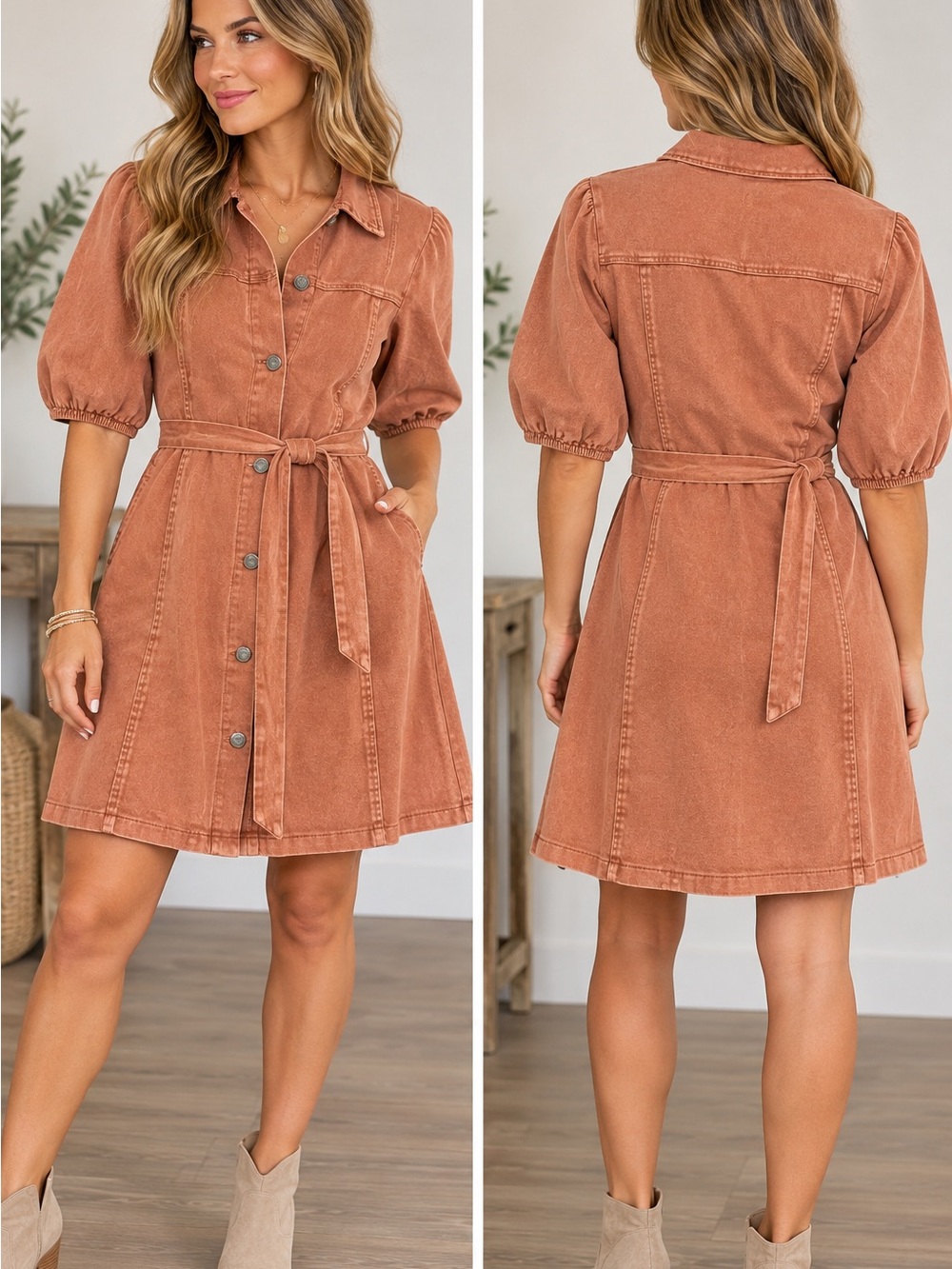 Rust Button-Front Belted Shirt Dress